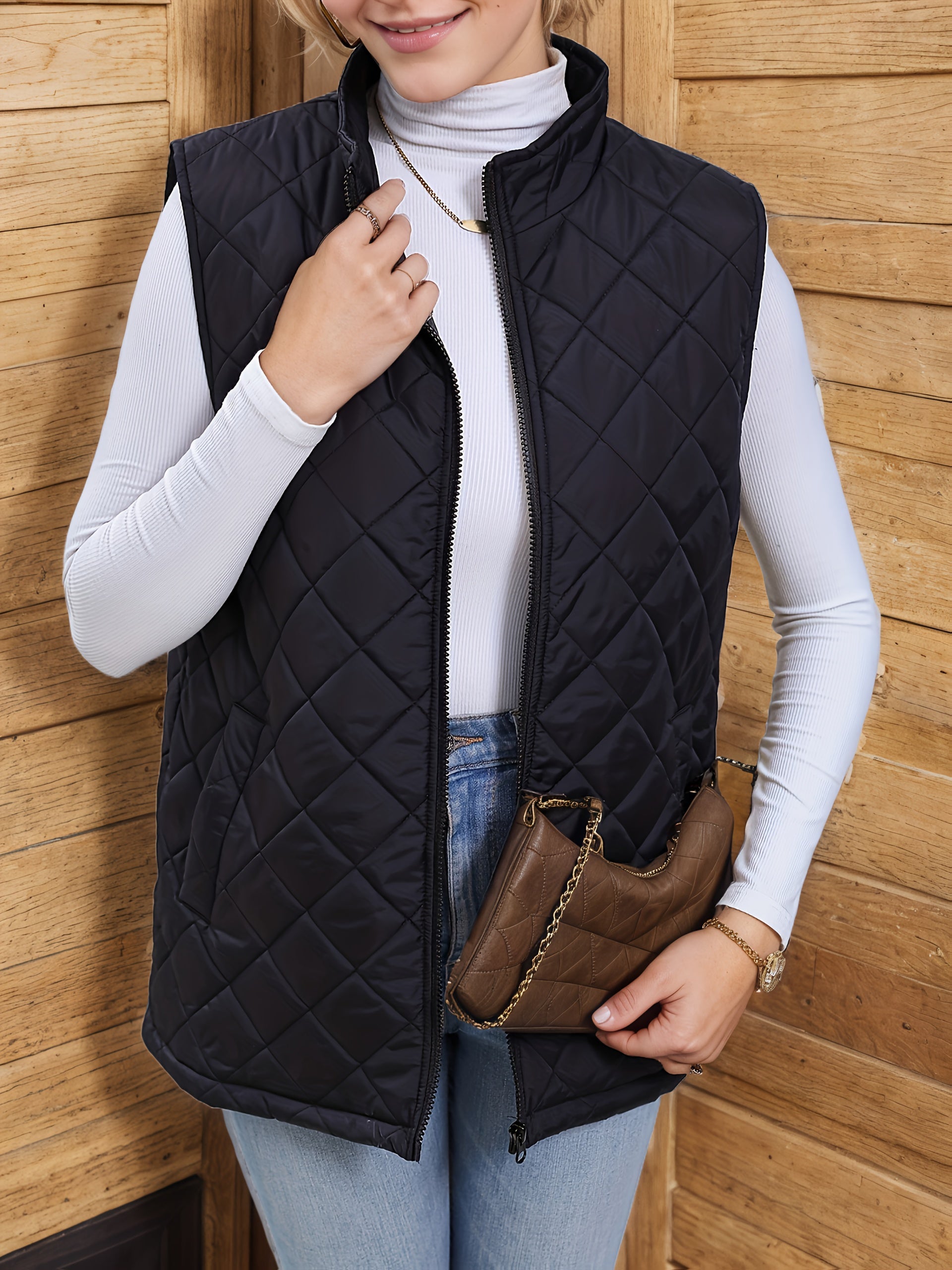 Black diamond-quilted longline vest