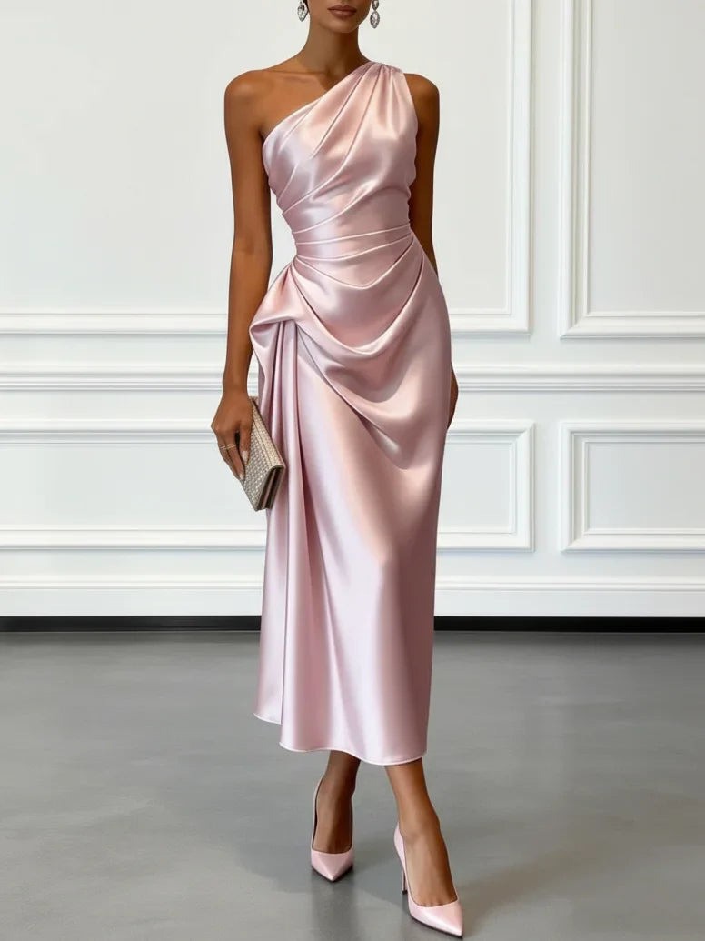Satin One-Shoulder Ruched Wedding Guest Midi Dress