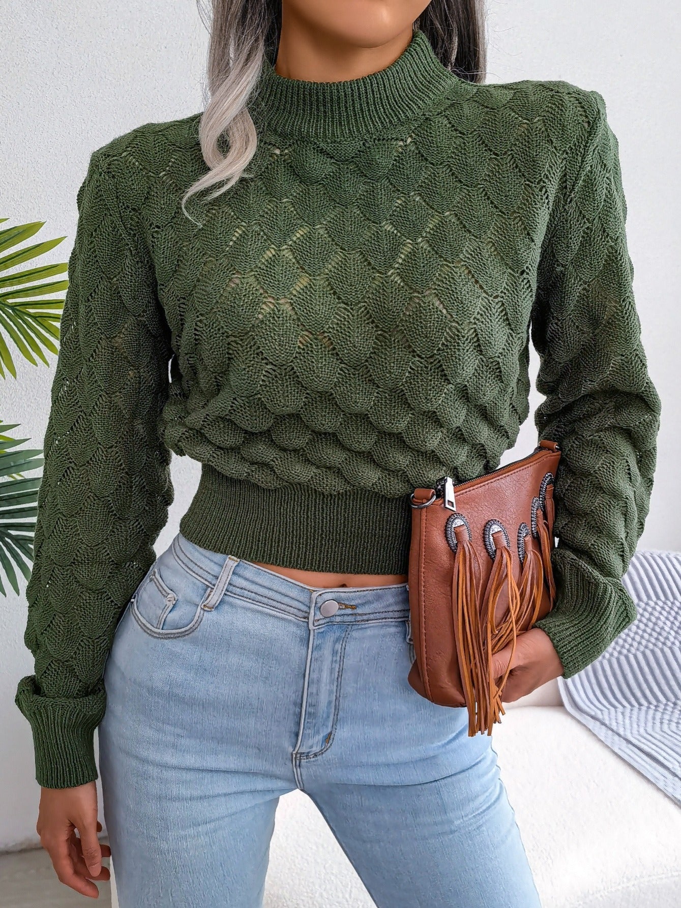 Khaki textured cropped sweater