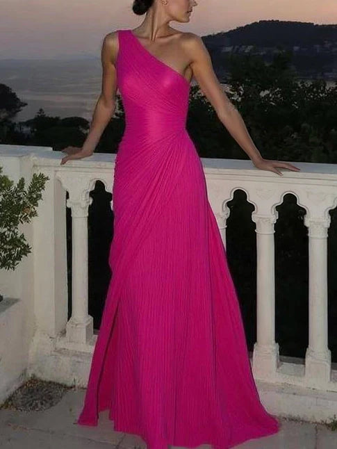 One Shoulder Pleated Maxi Dress Wedding Guest