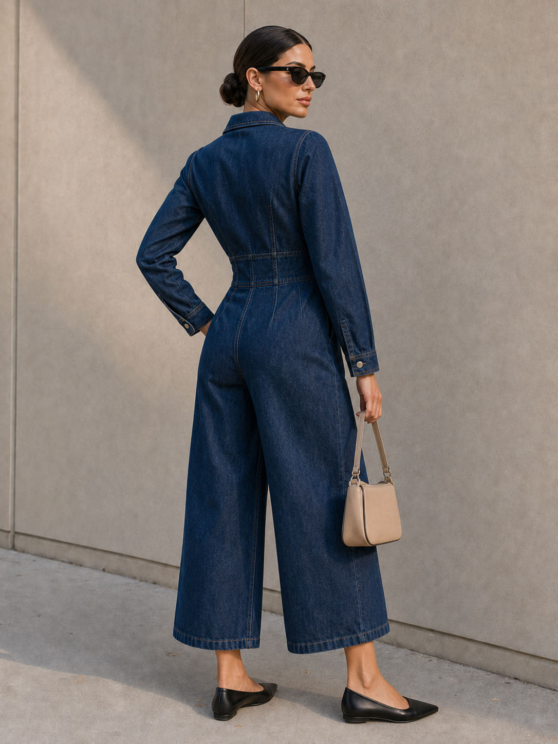 Navy Blue Cropped Denim-Blend Jumpsuit