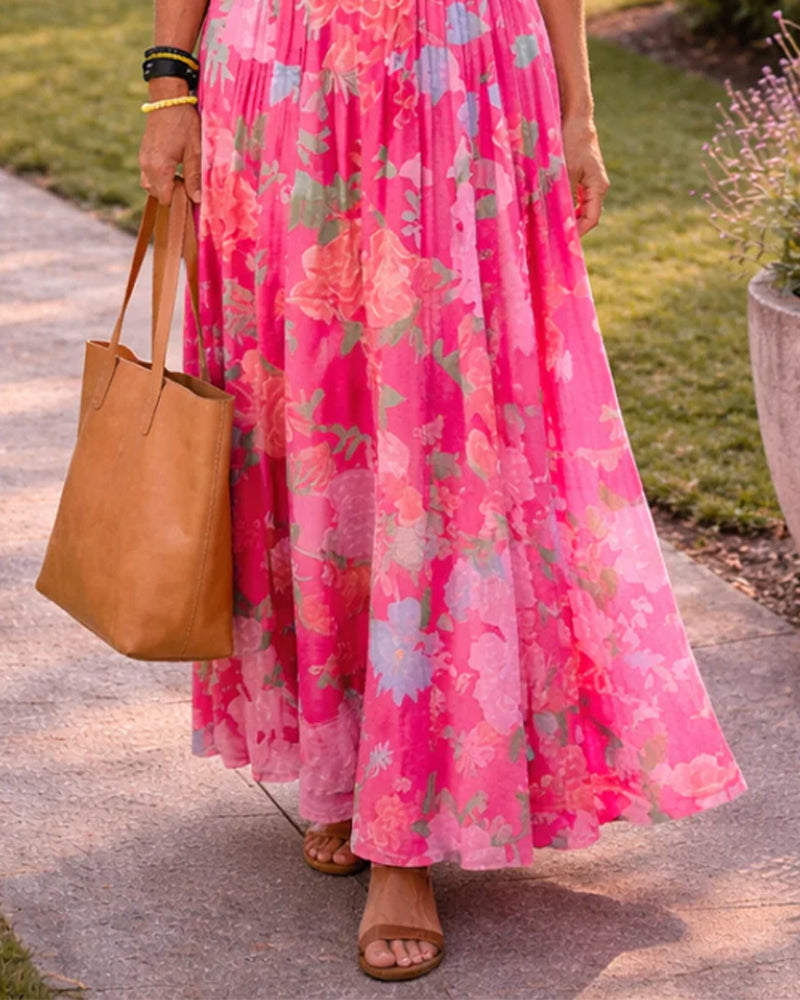 Pink V-neck floral maxi dress, full length view