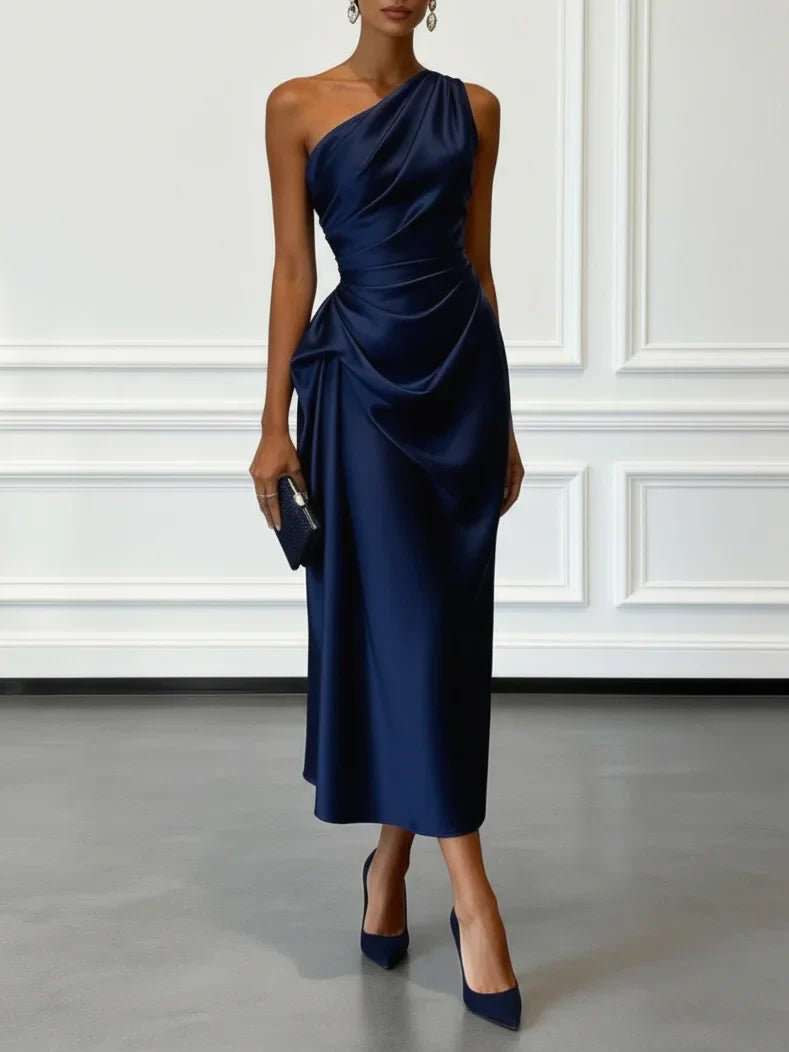 Satin One-Shoulder Ruched Wedding Guest Midi Dress, Blue / XS