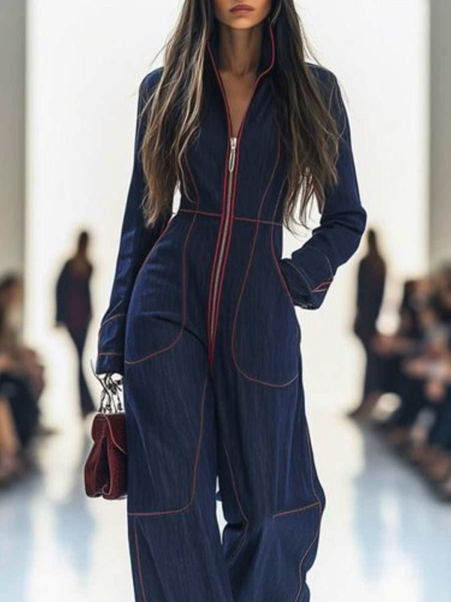 Denim Jumpsuit with Stand Collar