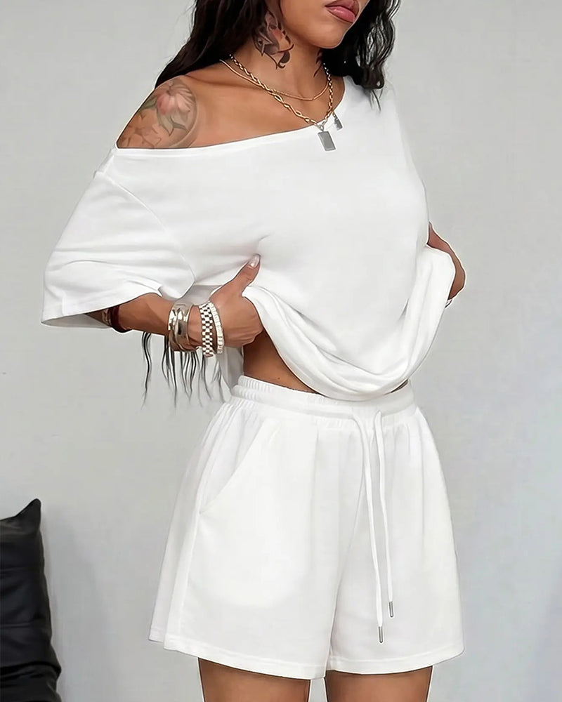 Black one-shoulder batwing sleeve shorts set, front view