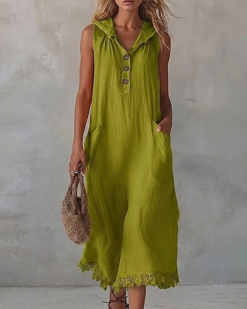 Hooded Sleeveless Lace Patchwork Midi Dress | Senselle