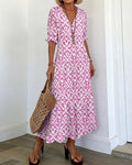 V-Neck Ruffle Print A-Line Midi Dress Pink | Senselle