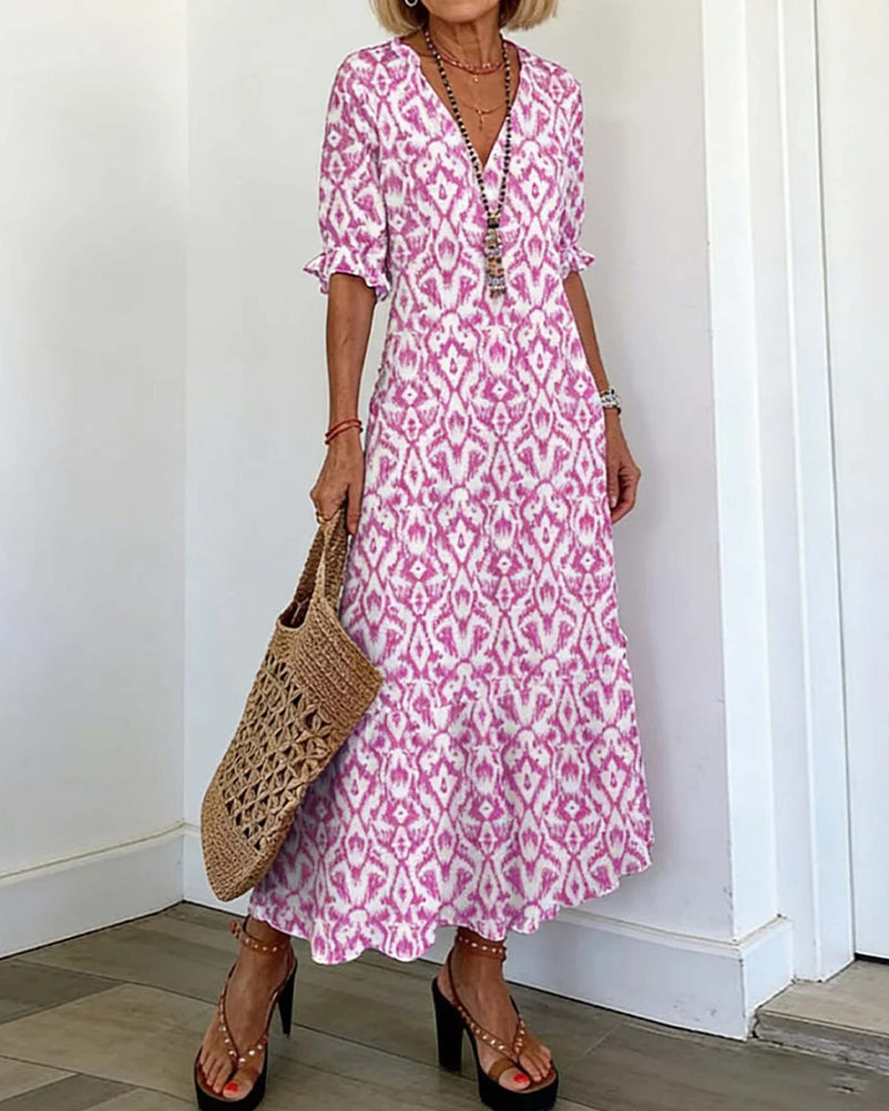 V-Neck Ruffle Print A-Line Midi Dress Pink | Senselle