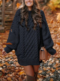 Black Cozy Cable-Knit Sweater Dress, front view