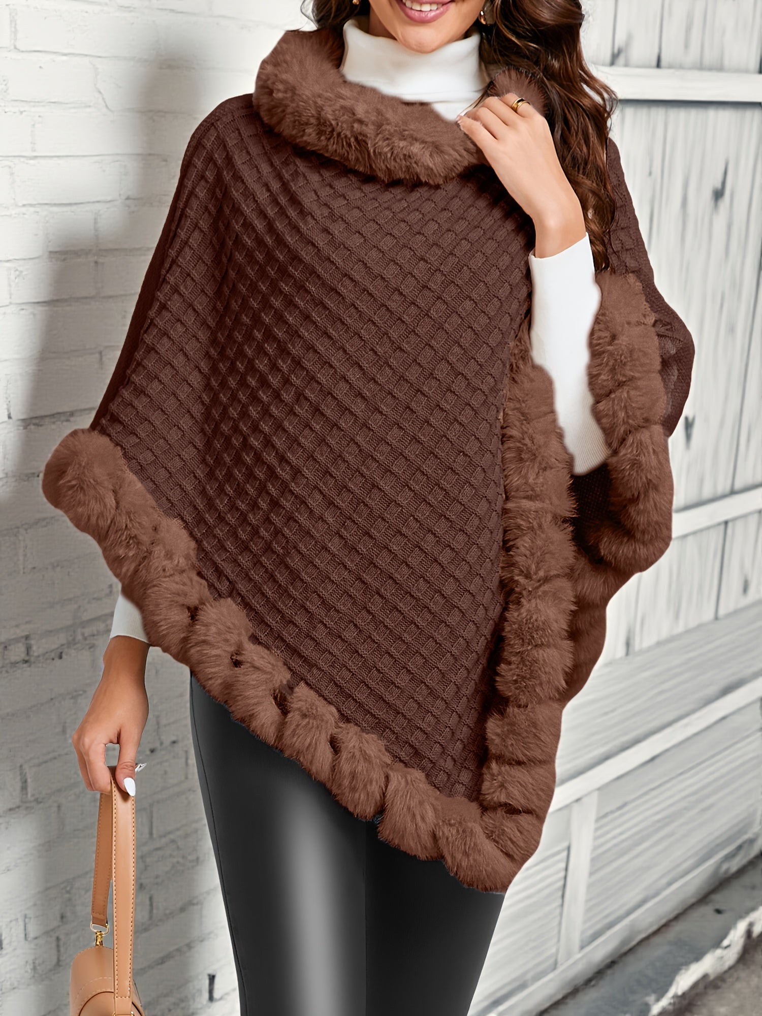 Coffee Brown cozy fur-trim poncho