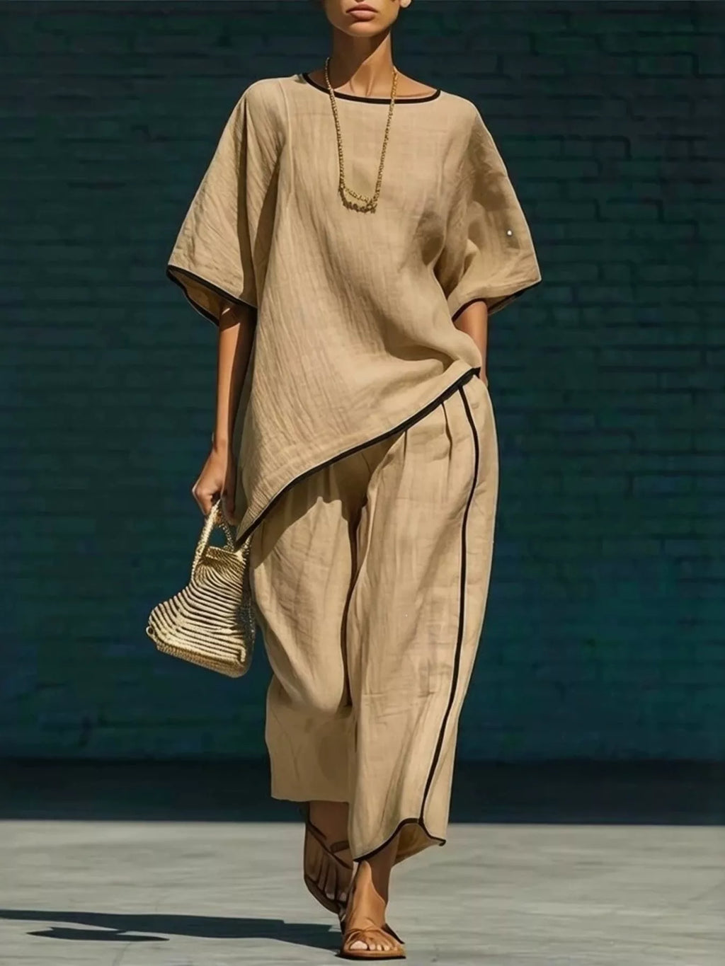 Khaki contrast trim round neck top and trousers co-ord set