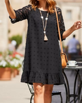Black round neck lace sleeve jacquard patchwork mini dress, front view