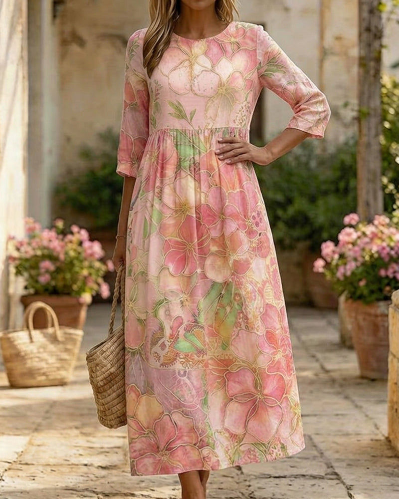 Pink three-quarter sleeve floral maxi dress, full length view