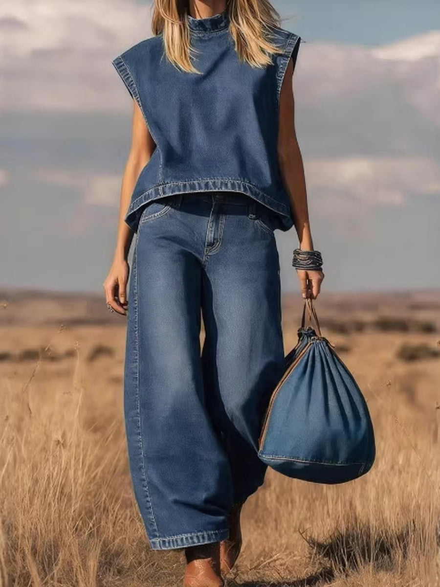 Deep Blue denim mock-neck vest top and wide-leg jeans co-ord set, front view