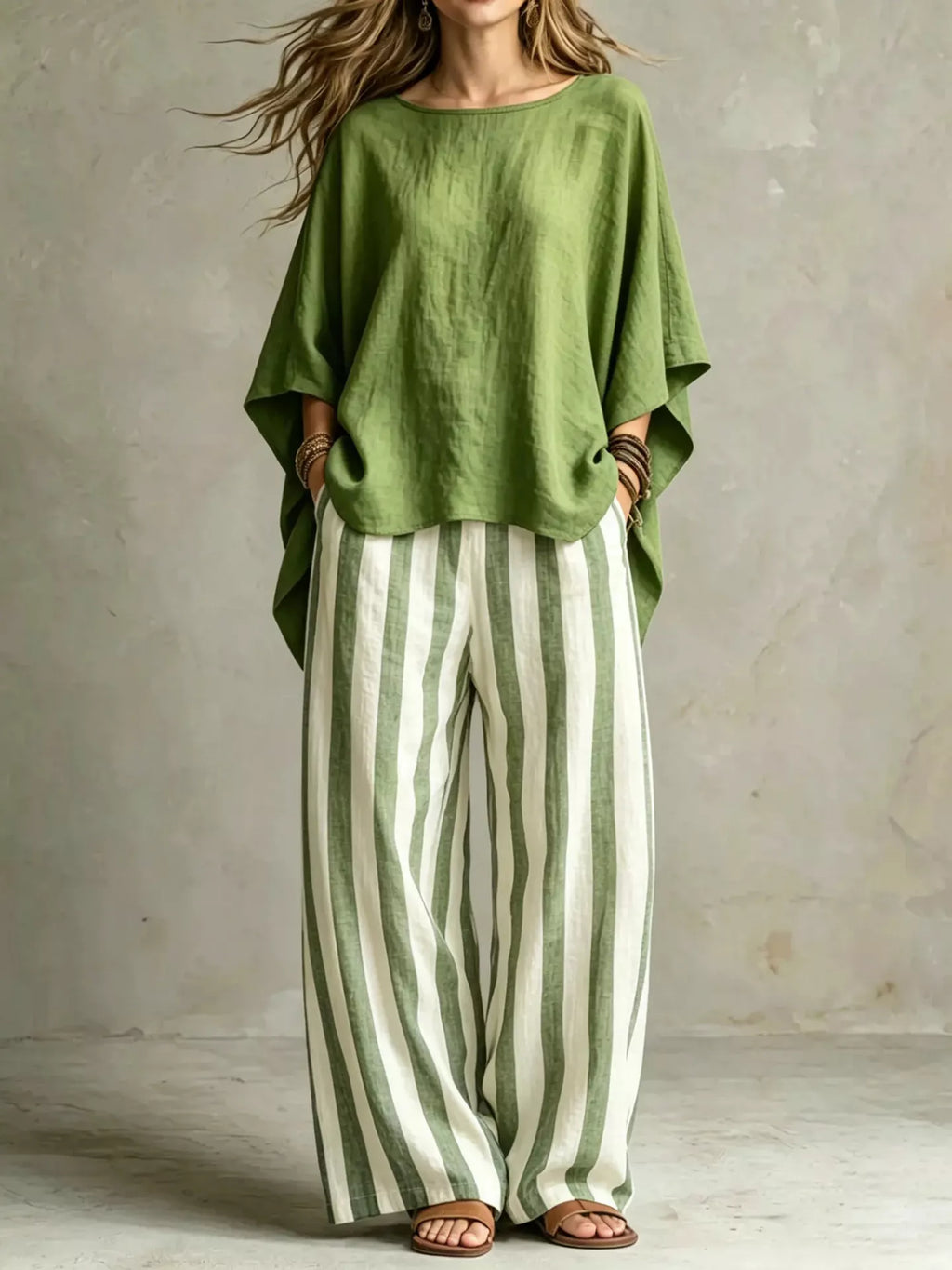 Olive solid colour top and trousers co-ord set, front view