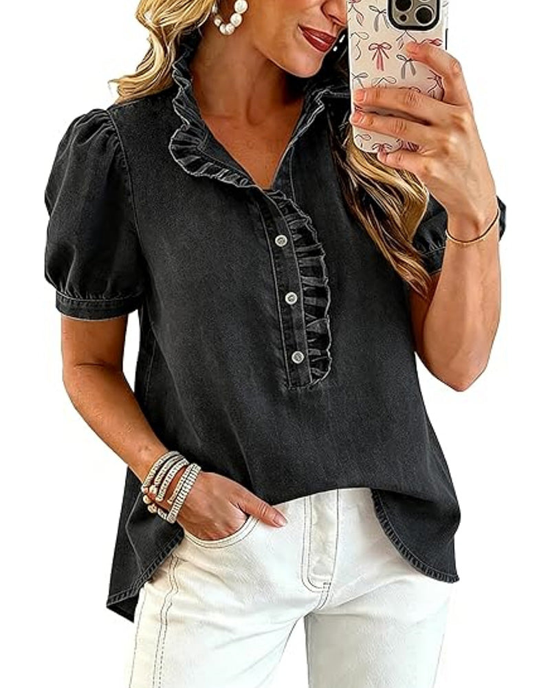 Short Sleeve Denim Blouse Ruffle Detail | Senselle