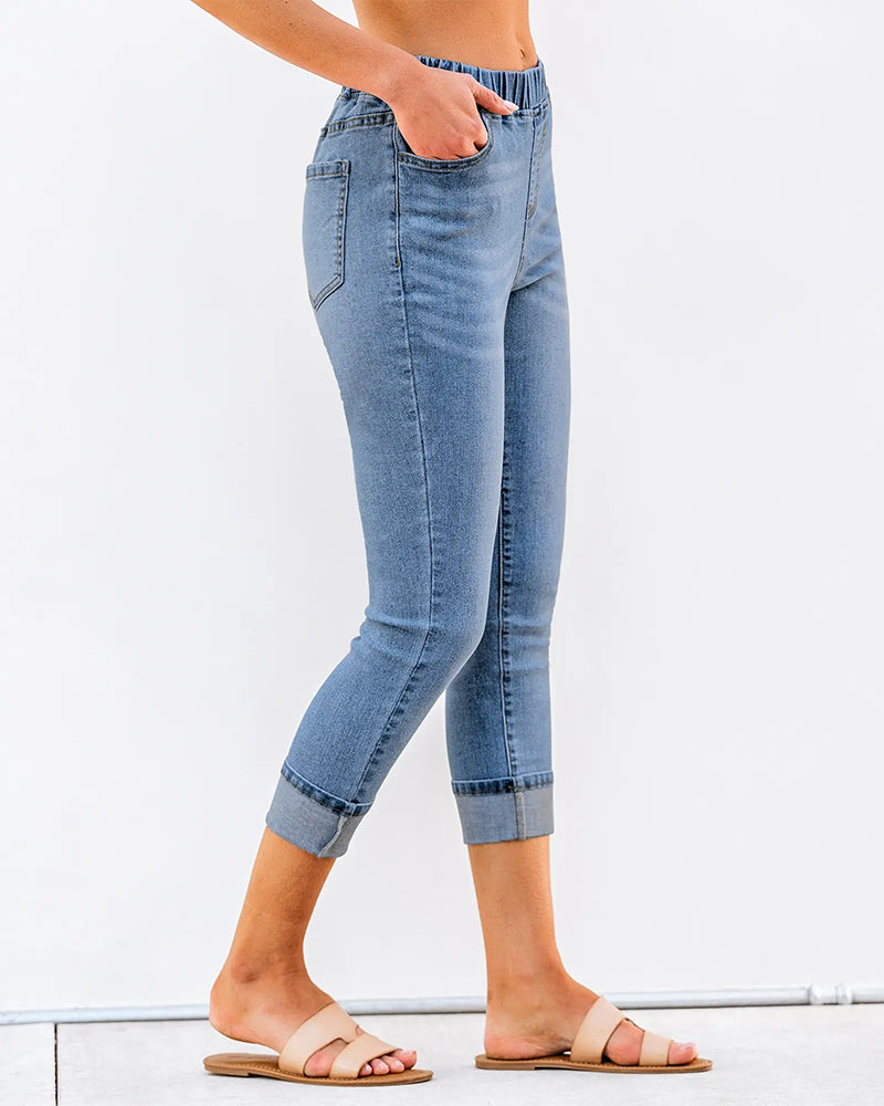 Women's capri jeans with elastic waist, side view
