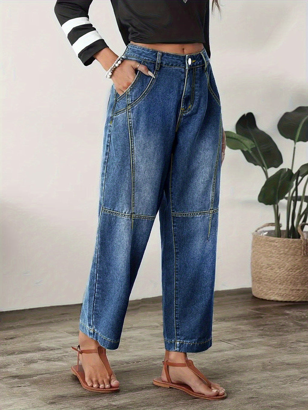 Blue Relaxed Barrel Jeans, front view