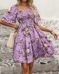 Floral Smocked Mini Dress Puff Sleeve Summer