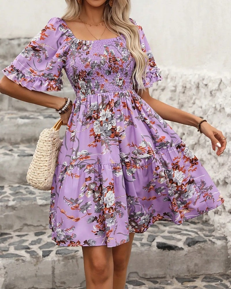 Floral Smocked Mini Dress Puff Sleeve Summer
