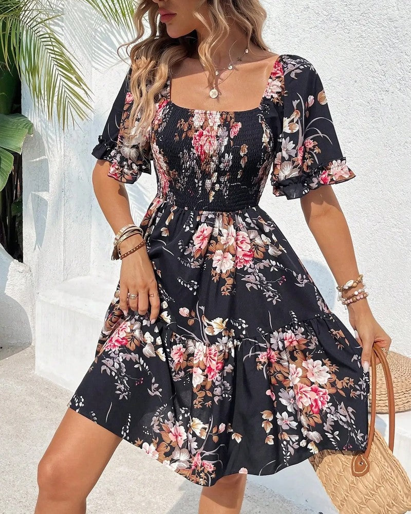 Floral Smocked Mini Dress Puff Sleeve Summer