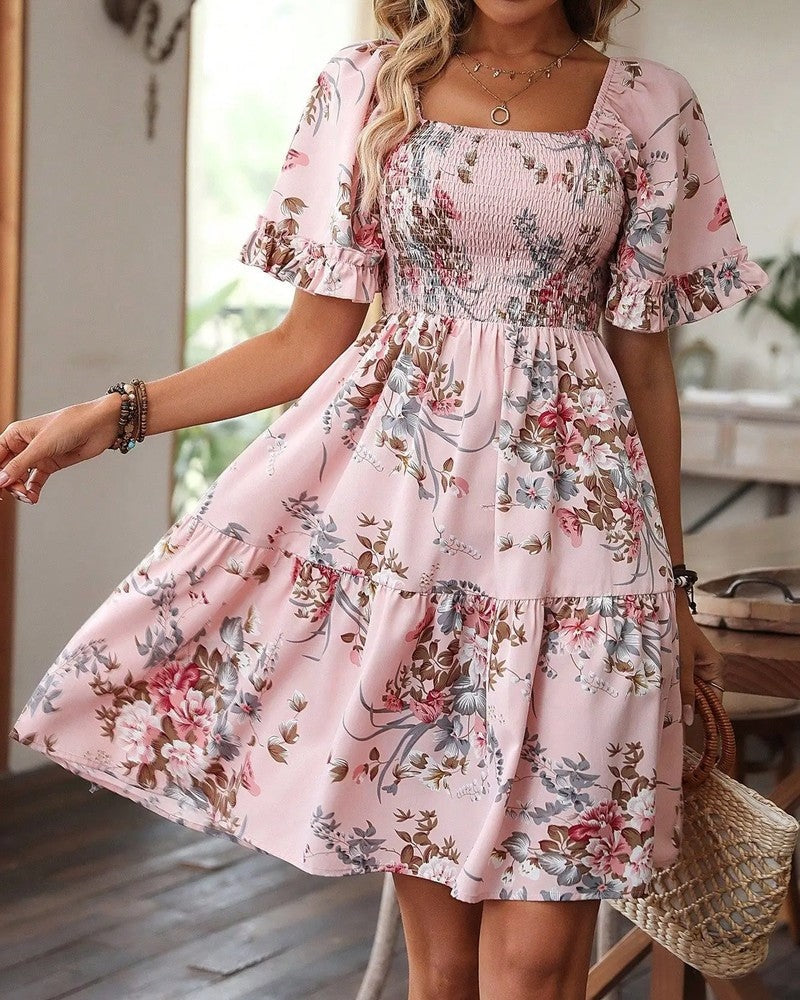 Floral Smocked Mini Dress Puff Sleeve Summer