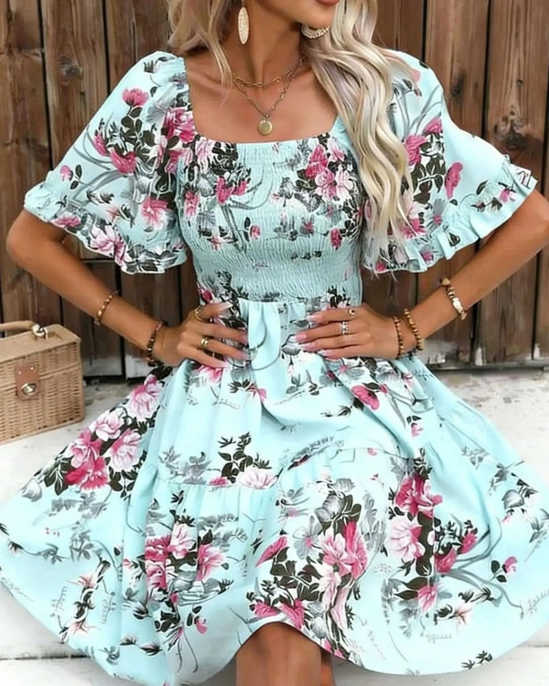 Floral Smocked Mini Dress Puff Sleeve Summer
