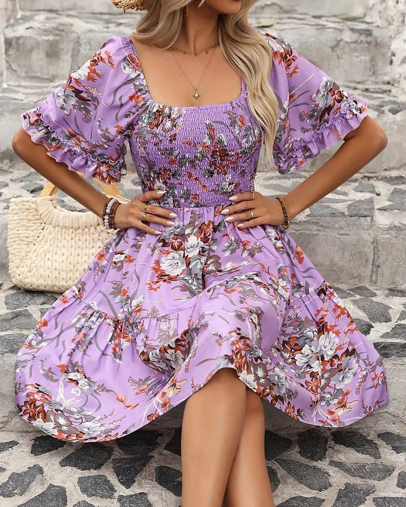 Floral Smocked Mini Dress Puff Sleeve Summer