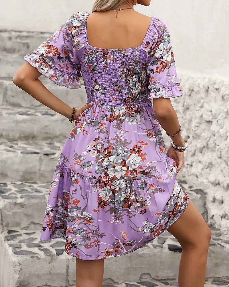 Floral Smocked Mini Dress Puff Sleeve Summer