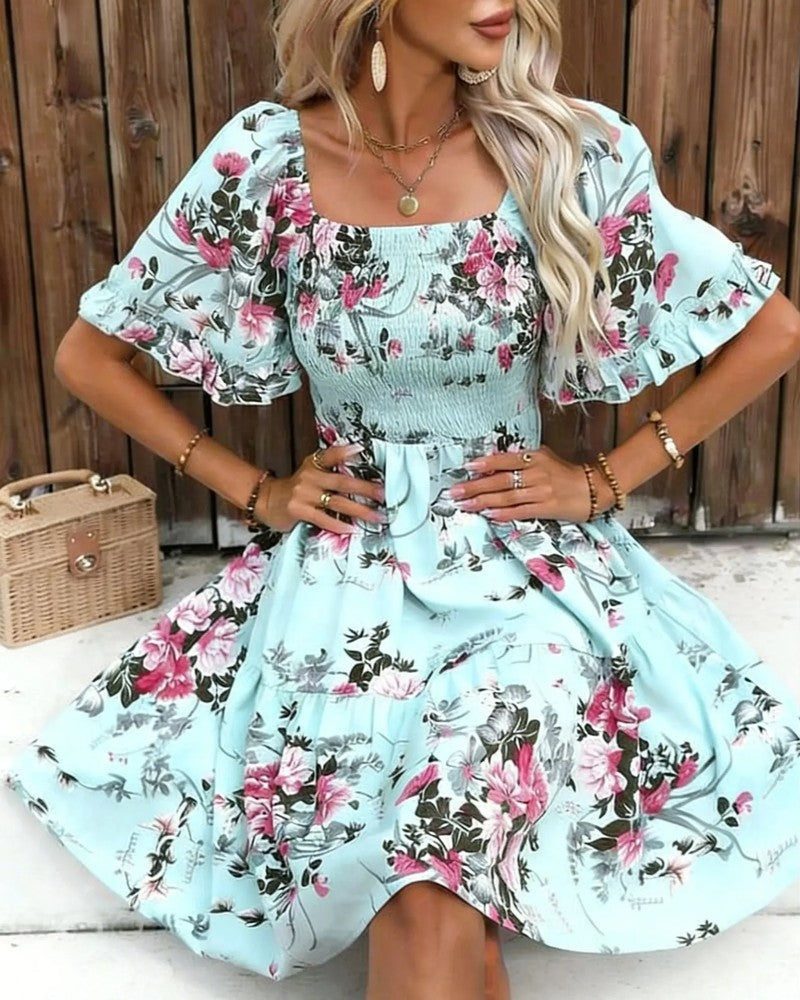 Floral Smocked Mini Dress Puff Sleeve Summer