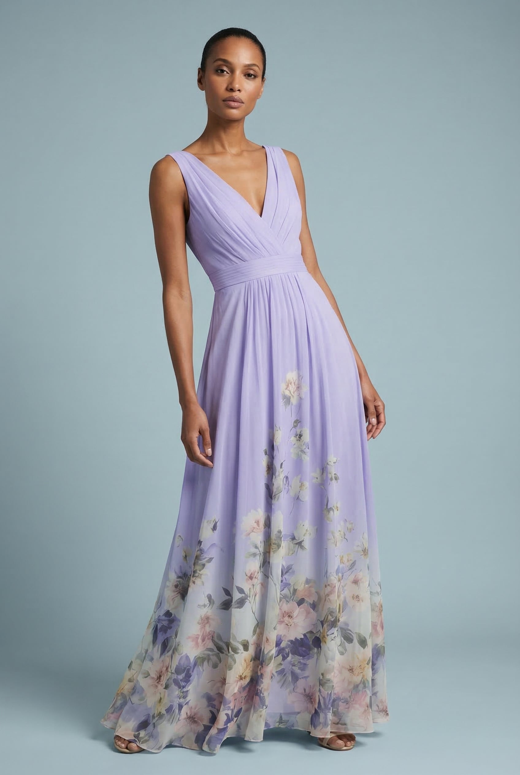 Ascot Floral V-Neck Chiffon Style Maxi Dress