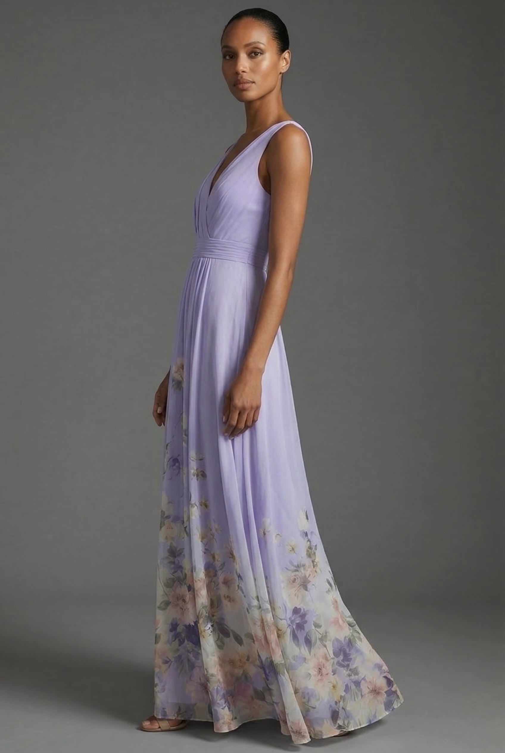 Ascot Floral V-Neck Chiffon Style Maxi Dress