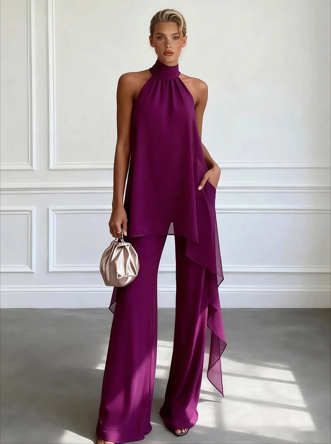 Chiffon Halter Neck Top Wide Leg Trousers Set Summer