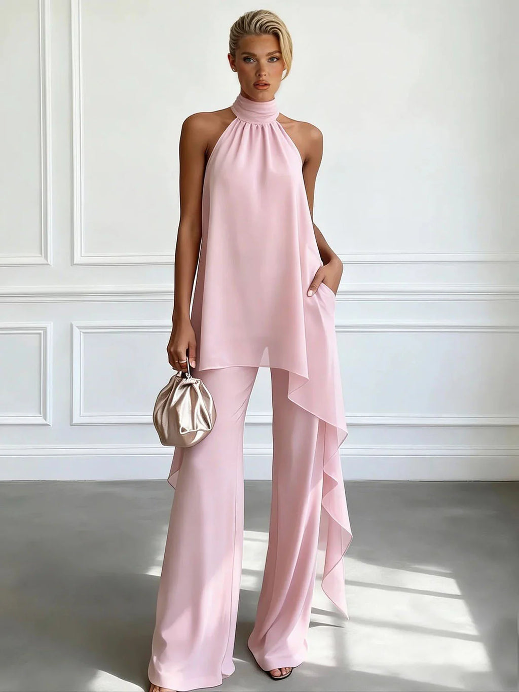Chiffon Halter Neck Top Wide Leg Trousers Set Summer
