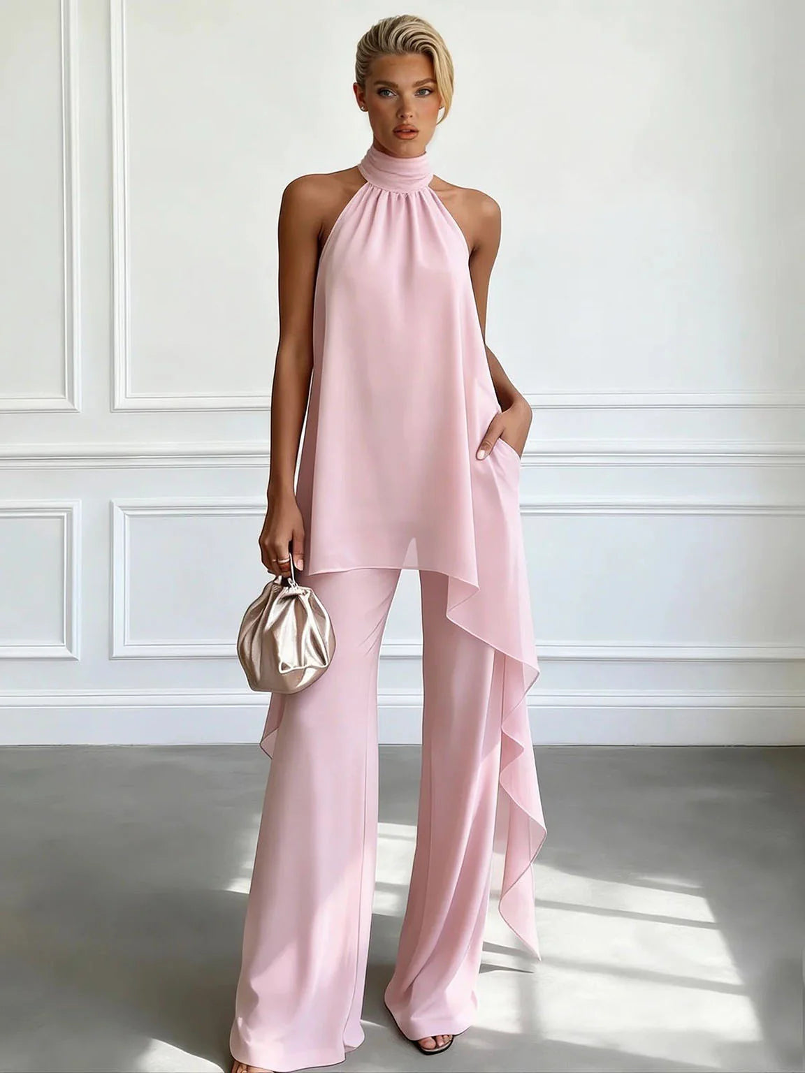 Chiffon Halter Neck Top Wide Leg Trousers Set Summer