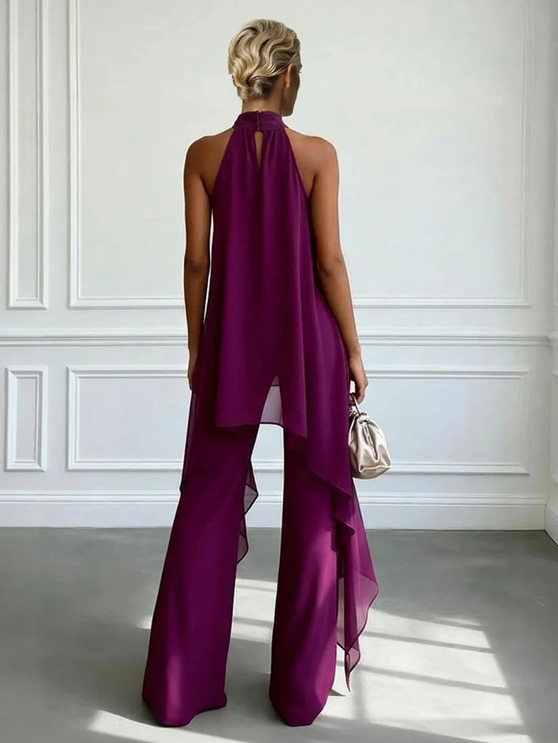Chiffon Halter Neck Top Wide Leg Trousers Set Summer