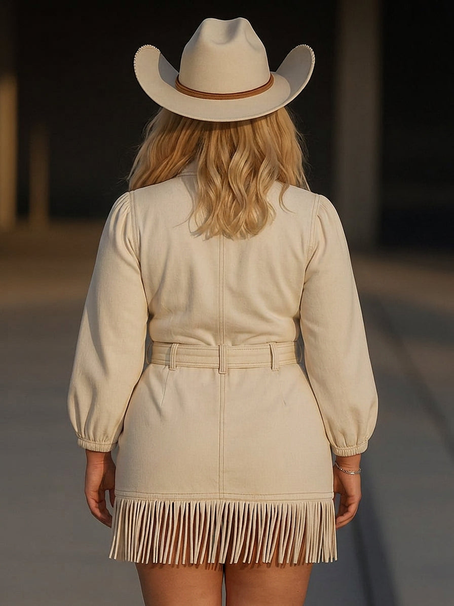 White retro fringe denim cowboy Mini Dress, back view