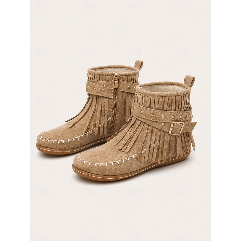 Beige fringe moccasin Boots, front view