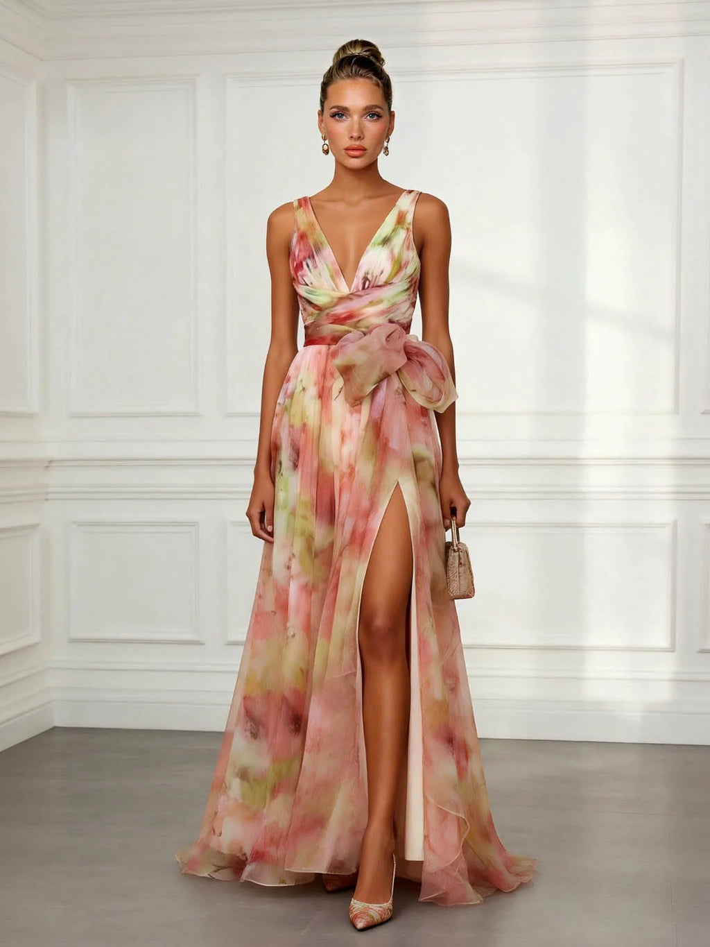 Abstract Print V Neck Tie Waist Maxi Dress Summer