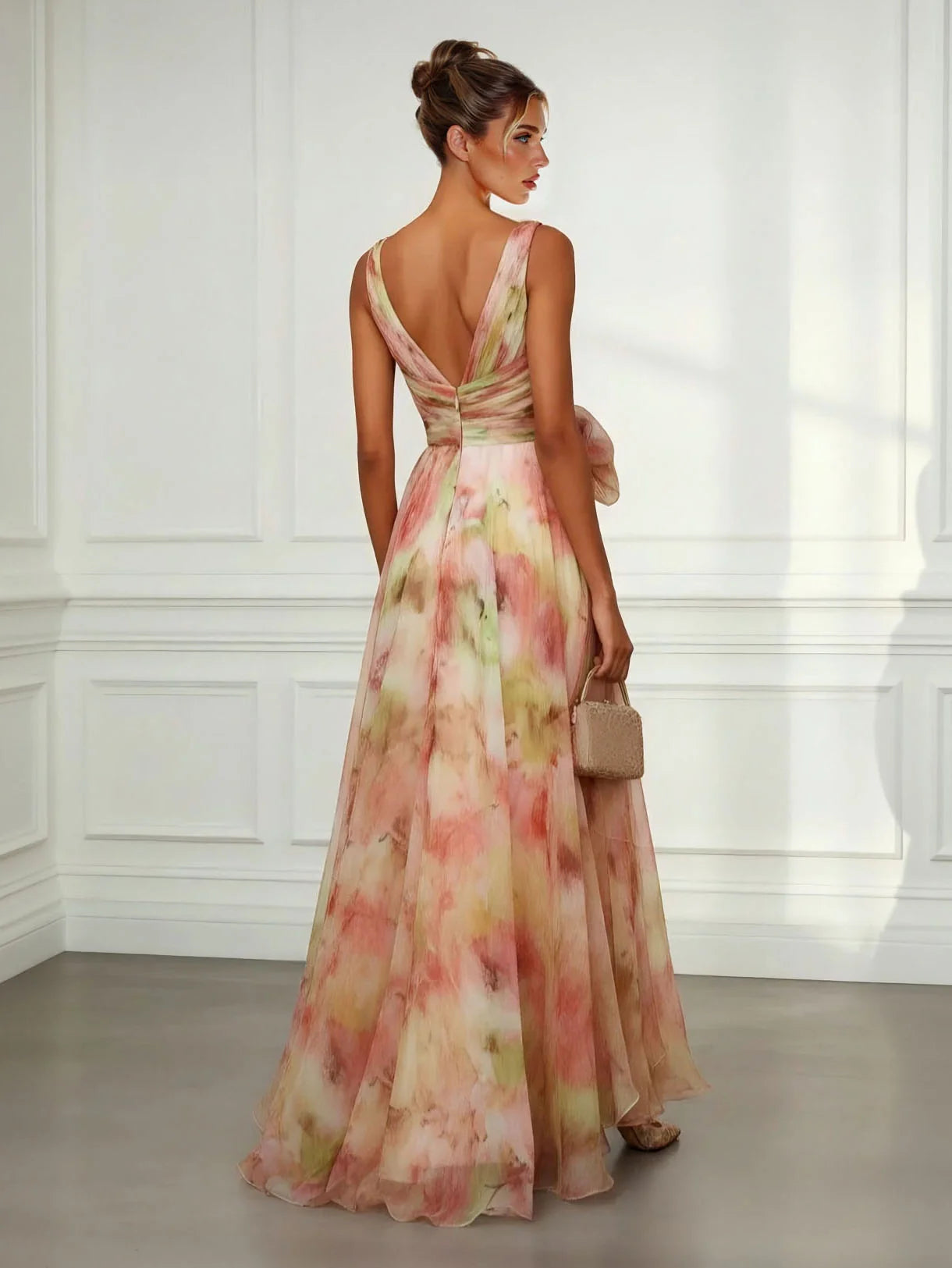 Abstract Print V Neck Tie Waist Maxi Dress Summer