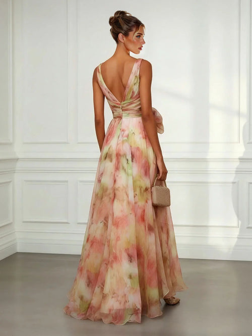Abstract Print V Neck Tie Waist Maxi Dress Summer