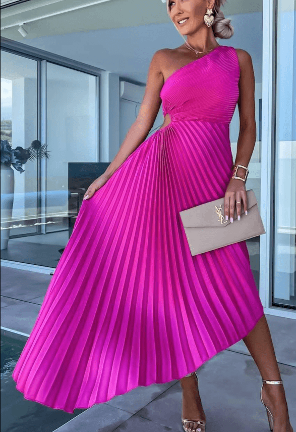 Sarah |  Women’s One Shoulder Pleated Midi Dress