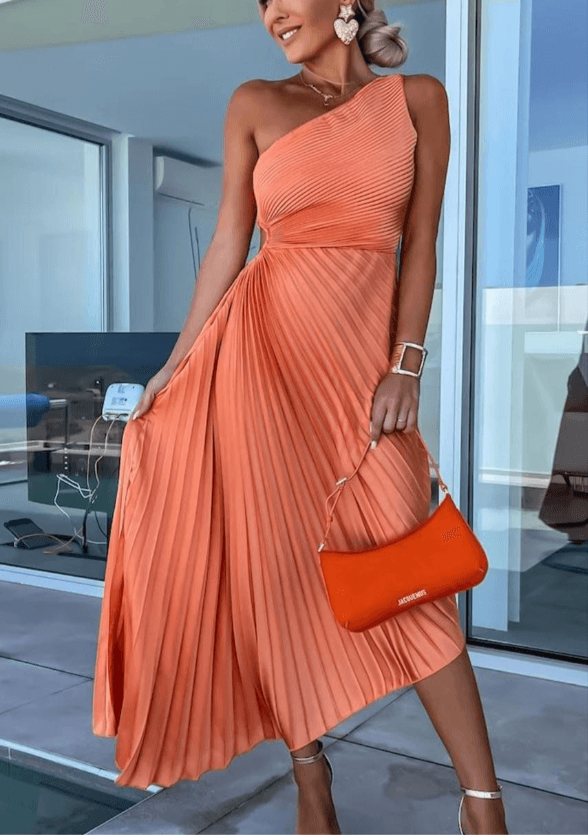 Sarah |  Women’s One Shoulder Pleated Midi Dress