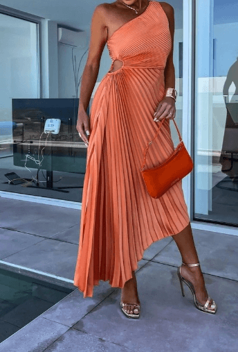 Sarah |  Women’s One Shoulder Pleated Midi Dress