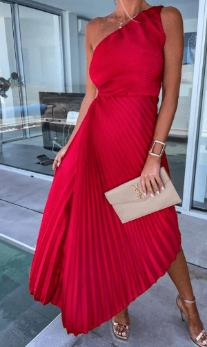 Sarah |  Women’s One Shoulder Pleated Midi Dress