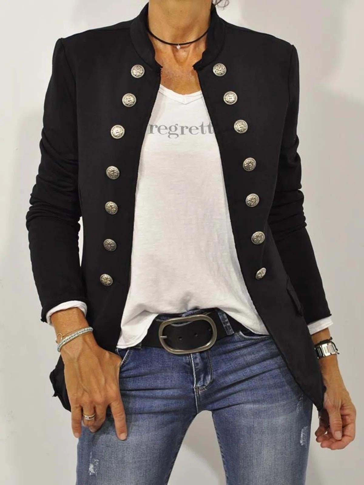 Black Double-Breasted Military Style Blazer, front view