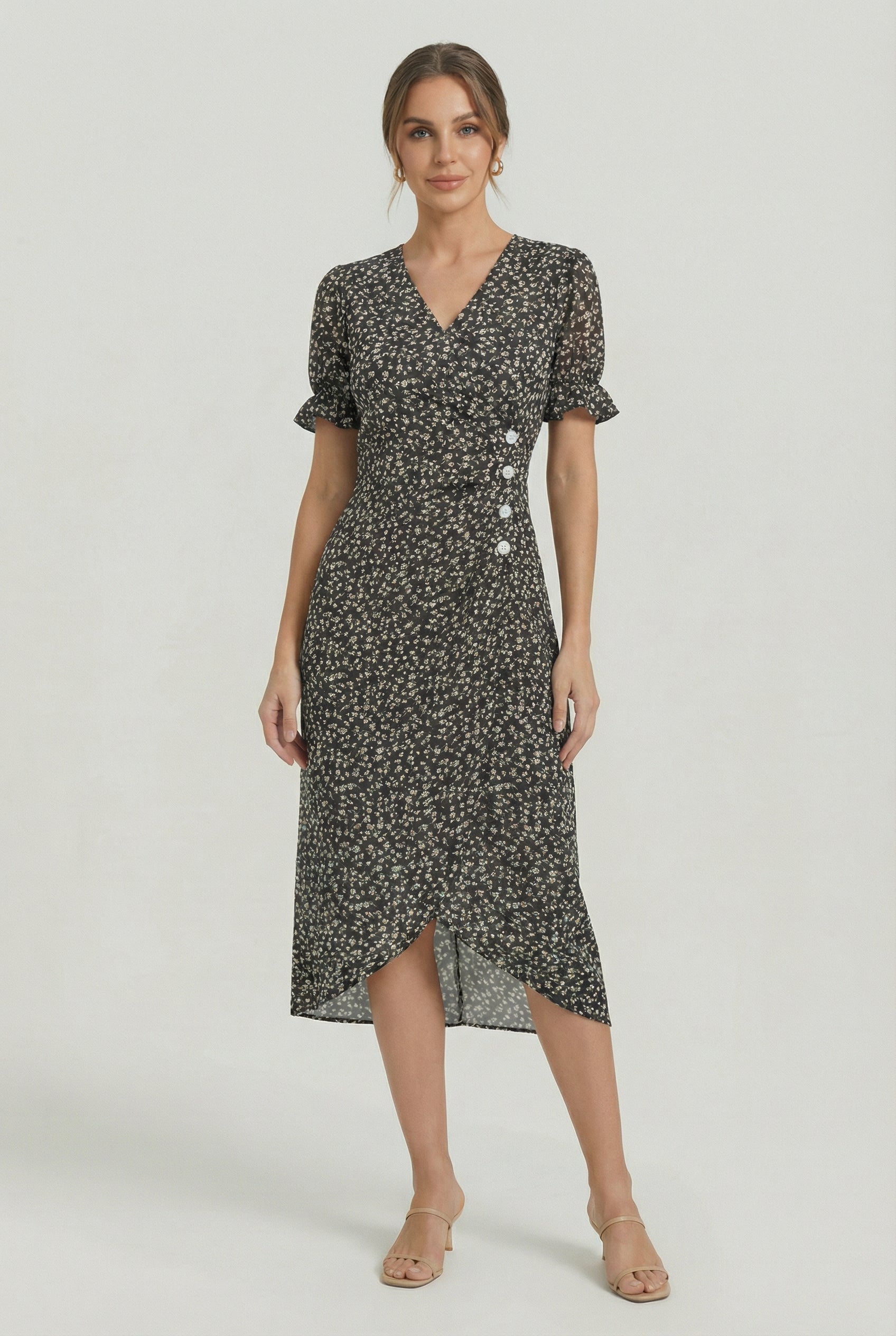 Women's Floral Summer Wrap Midi Dress, Black & White / L Women's Floral Summer Wrap Midi Dress, Black & White / L
