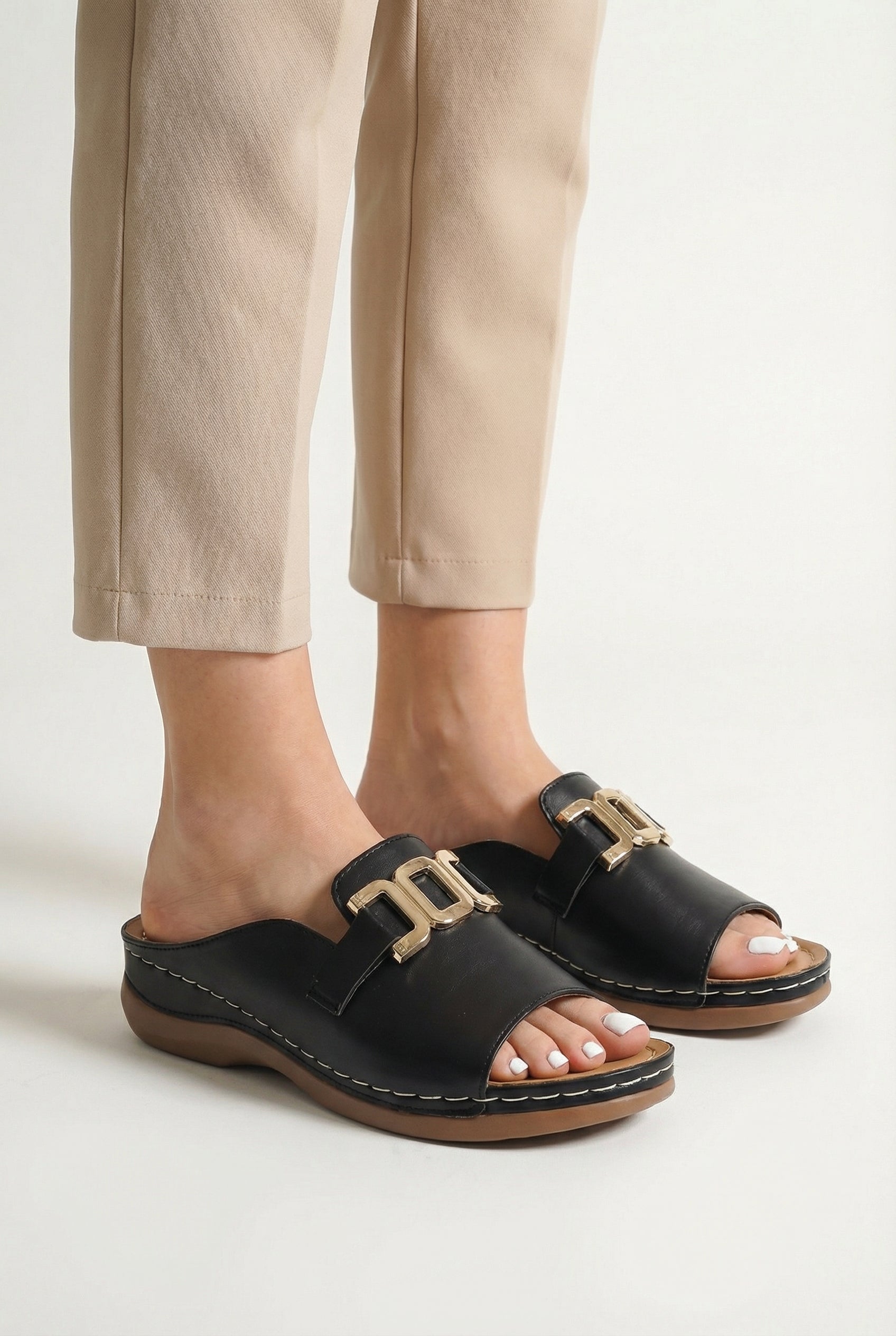 Women's Open-Toe Sandals with Gold Buckle