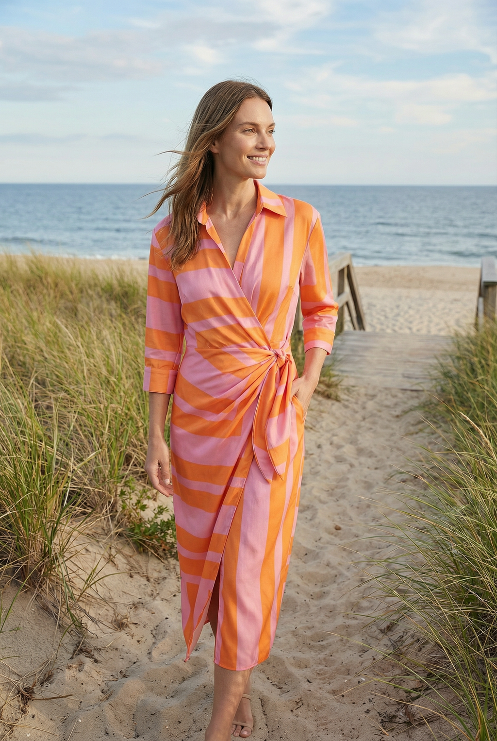 Midi Dress with Adjustable Waist Tie Summer
