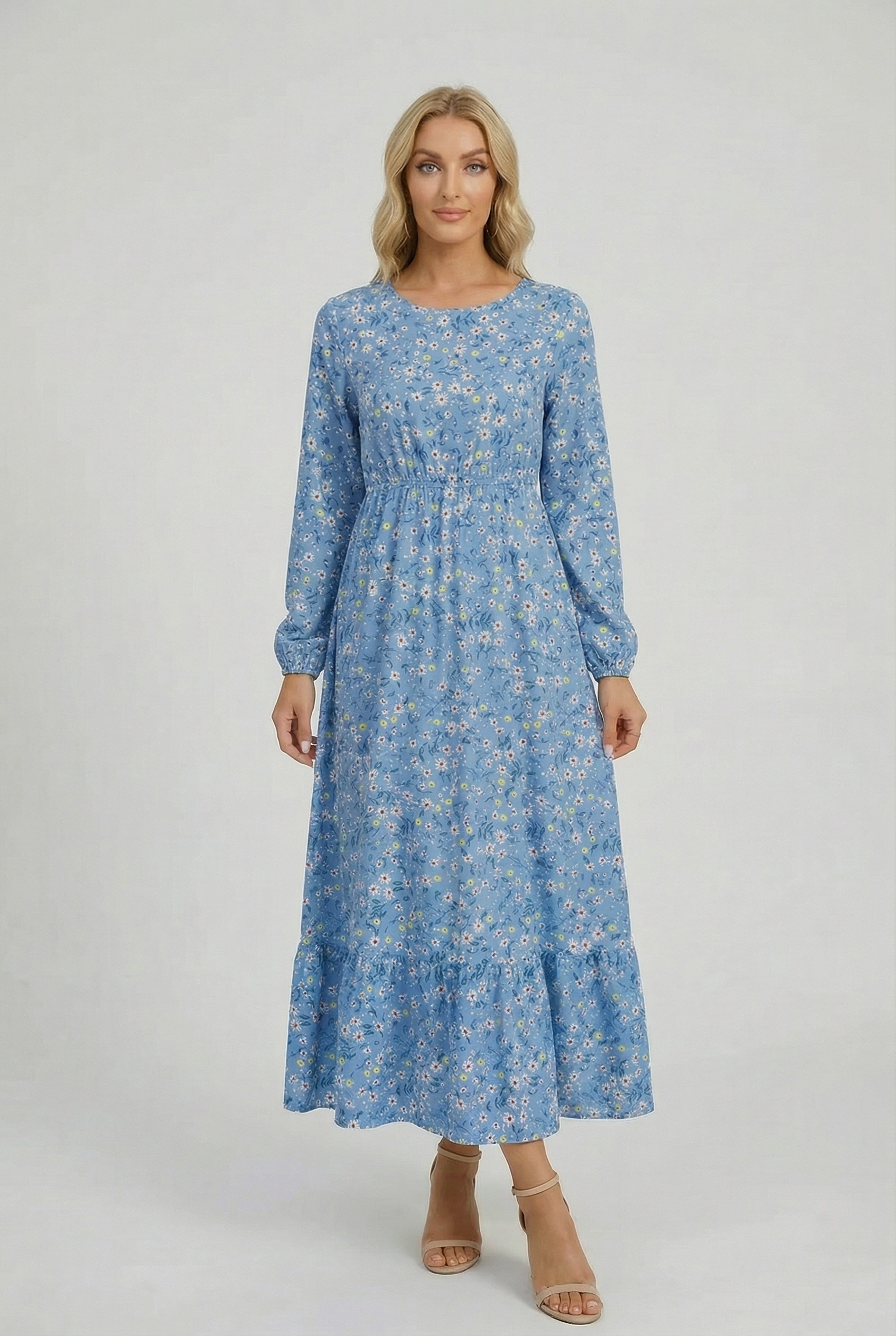 Women's Chiffon Floral Long Sleeve Casual Maxi Dress